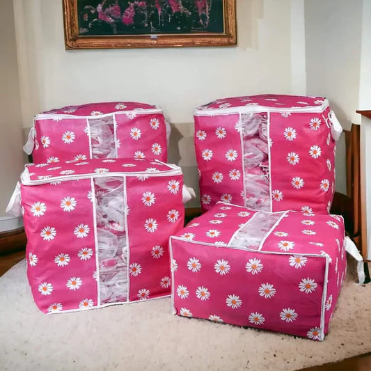 120 GSM Non-Woven Clothes Storage Bag – Foldable Floral Print Organizer (Pink/Green/Blue/Grey)