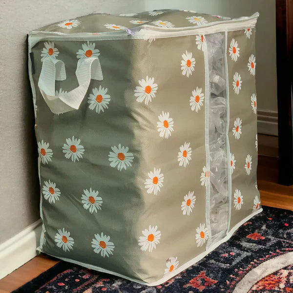 120 GSM Non-Woven Clothes Storage Bag – Foldable Floral Print Organizer (Pink/Green/Blue/Grey)