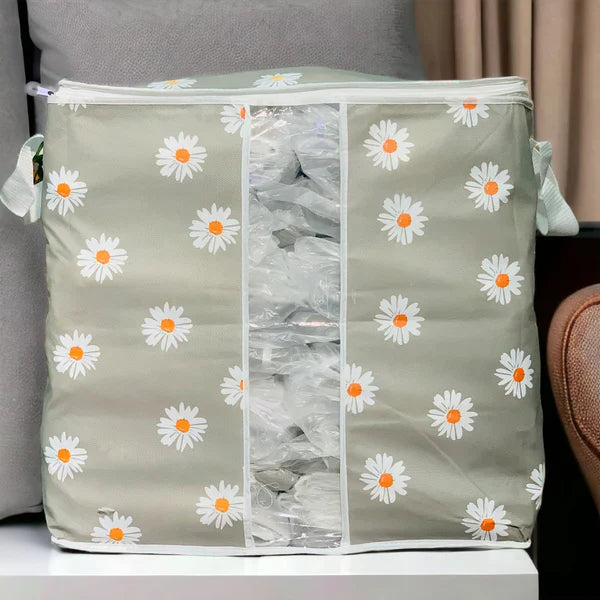 120 GSM Non-Woven Clothes Storage Bag – Foldable Floral Print Organizer (Pink/Green/Blue/Grey)