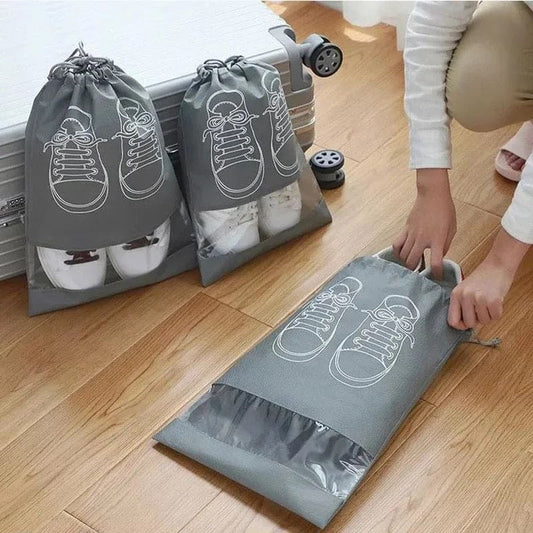 Premium Travel Shoe Pouch Grey Non Woven Fabric, Dustproof Drawstring Shoe Organizer with Visual Window