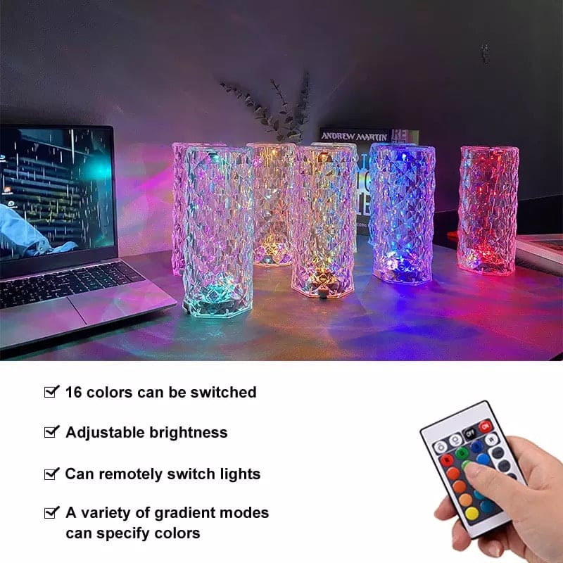 Rose Crystal Rechargeable Table Lamp – Diamond Touch Sensor LED Desk Lamp with RGB Remote Control & Night Light Projection