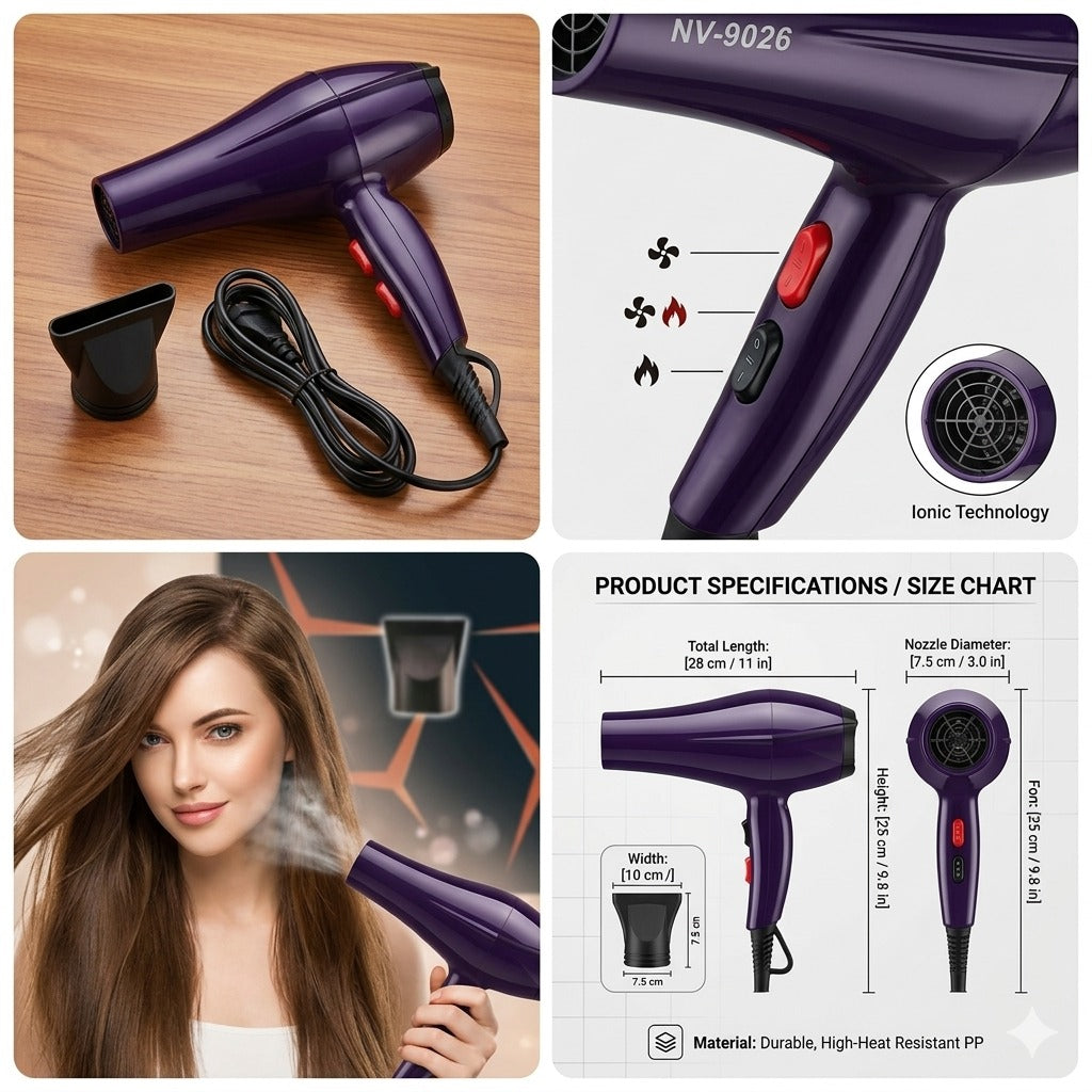 Nova NV-9026 5000W Professional Hair Dryer – Hot & Cold Air Blow Dryer for Fast Styling & Salon Use | Premium Quality
