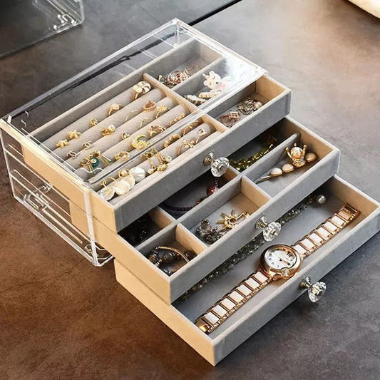 Acrylic Jewellery Box with 3 Drawers – Velvet-Lined Organizer for Rings, Earrings & Accessories