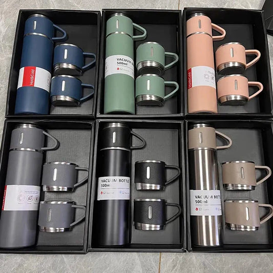3 in 1 Stainless Steel Vacuum Thermal Flask Set - Vacuum Bottle with Cups