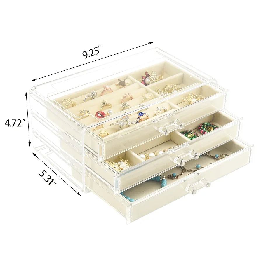Premium Acrylic Jewellery Box with 3 Drawers, Velvet Lined Organizer for Rings, Earrings and Accessories