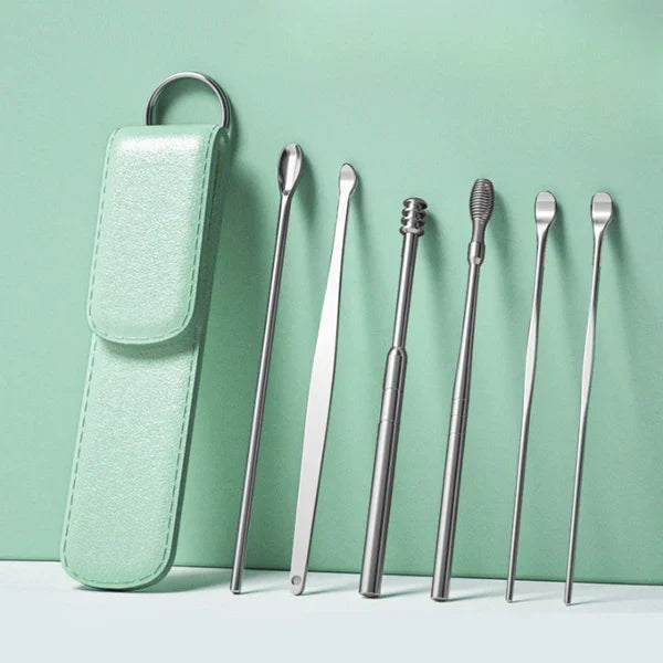 6PCS Ear Pick Cleaning Tools Set in Leather Case – Stainless Steel Reusable Kit