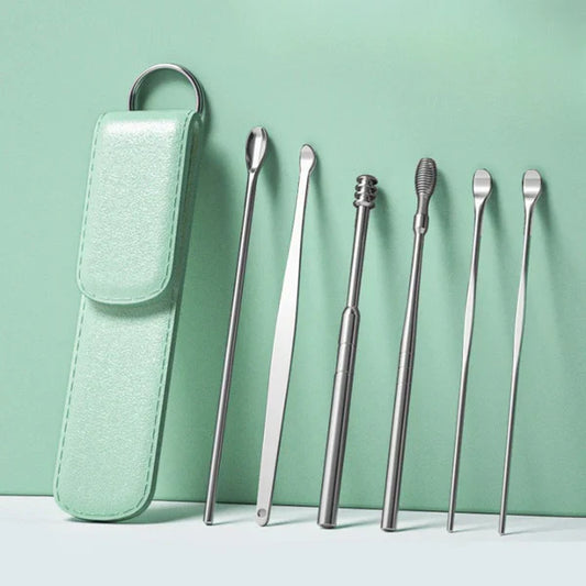 6PCS Ear Pick Cleaning Tools Set in Leather Case – Stainless Steel Reusable Kit