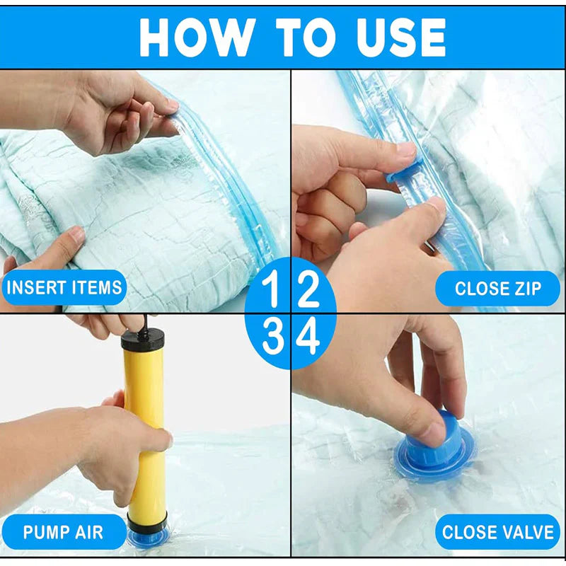 Premium Space Saver Vacuum Storage Bags (Set of 5) with Hand Pump, Double Zip Seal for Clothes, Bedding and Comforters