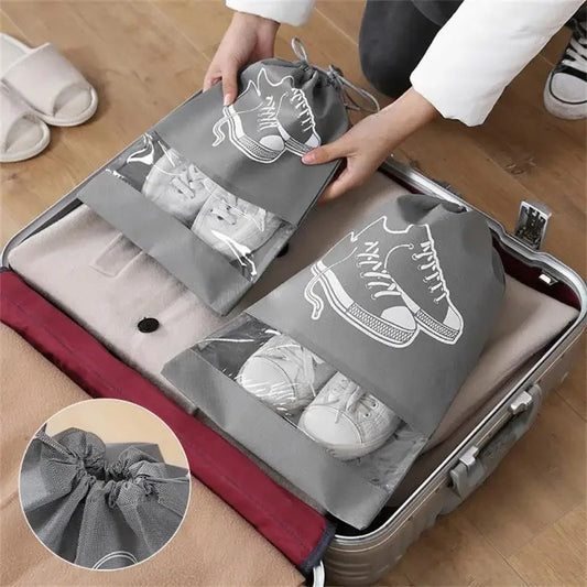 Premium Travel Shoe Pouch Grey Non Woven Fabric, Dustproof Drawstring Shoe Organizer with Visual Window