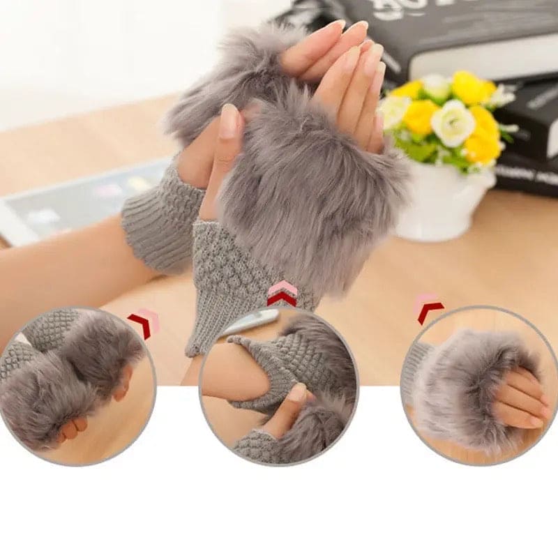 Fingerless Rabbit Fur Winter Gloves for Women – Soft & Stylish Hand Warmers