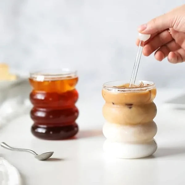 Bubble Glass Tumbler with Wooden Lid and Straw – Iced Coffee & Drinking Cup