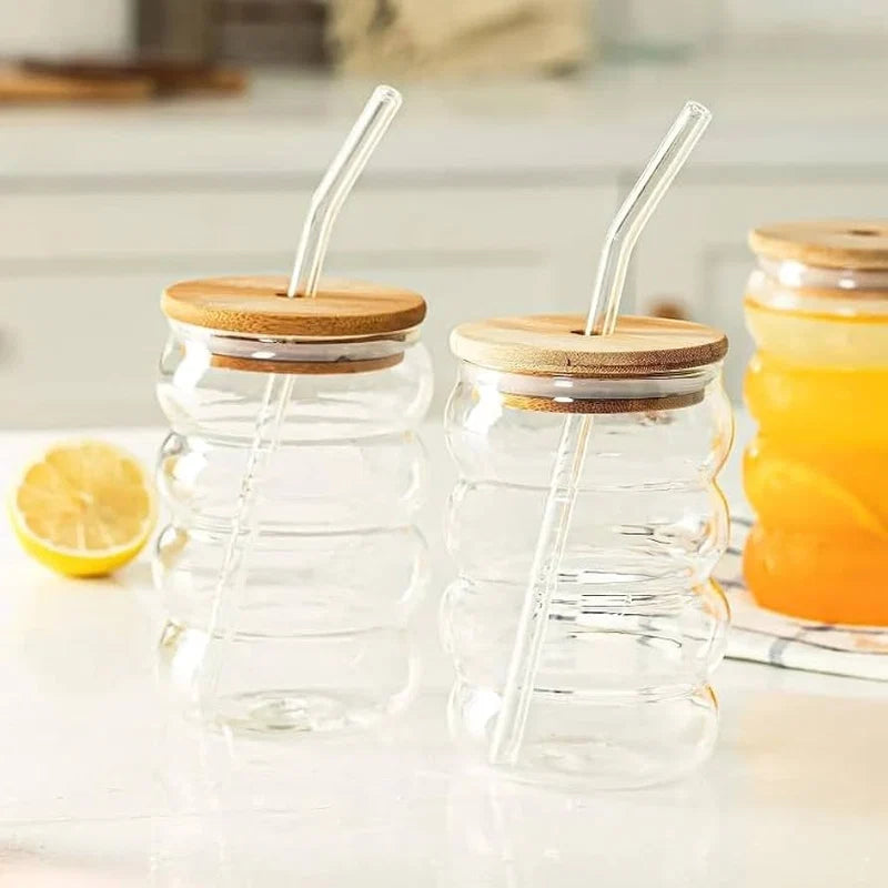 Bubble Glass Tumbler with Wooden Lid and Straw – Iced Coffee & Drinking Cup