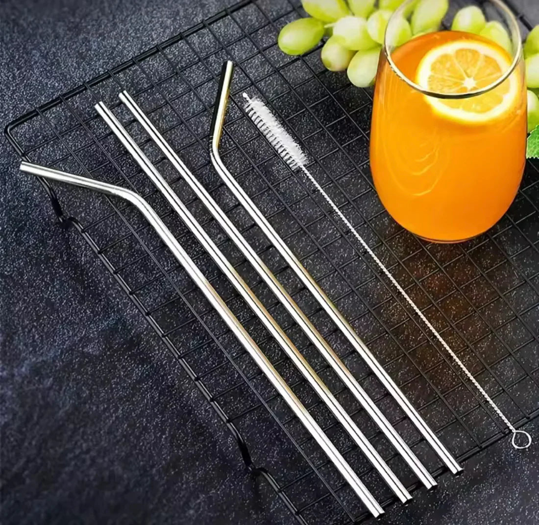 Stainless Steel Straws (4-Piece Set) with Cleaning Brush – Reusable & Eco-Friendly