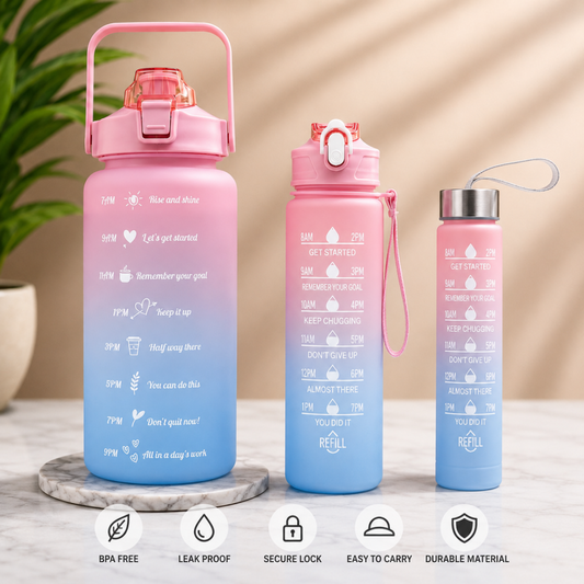 (Set of 3) Premium Gradient Colour Water Bottle, Large Capacity Motivational Hydration Bottles for Gym, Office and Kids