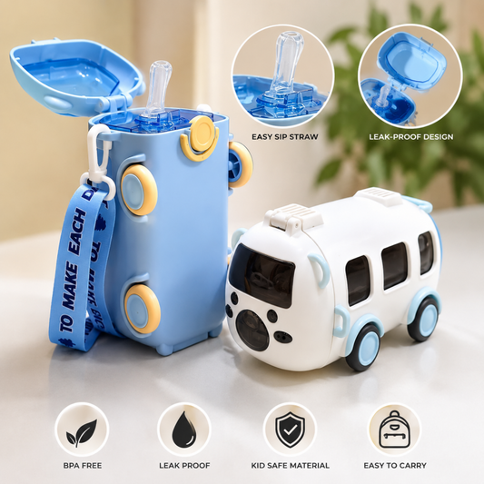 500ml Car & Bus Shape Water Bottle for Kids – With Straw & Shoulder Strap