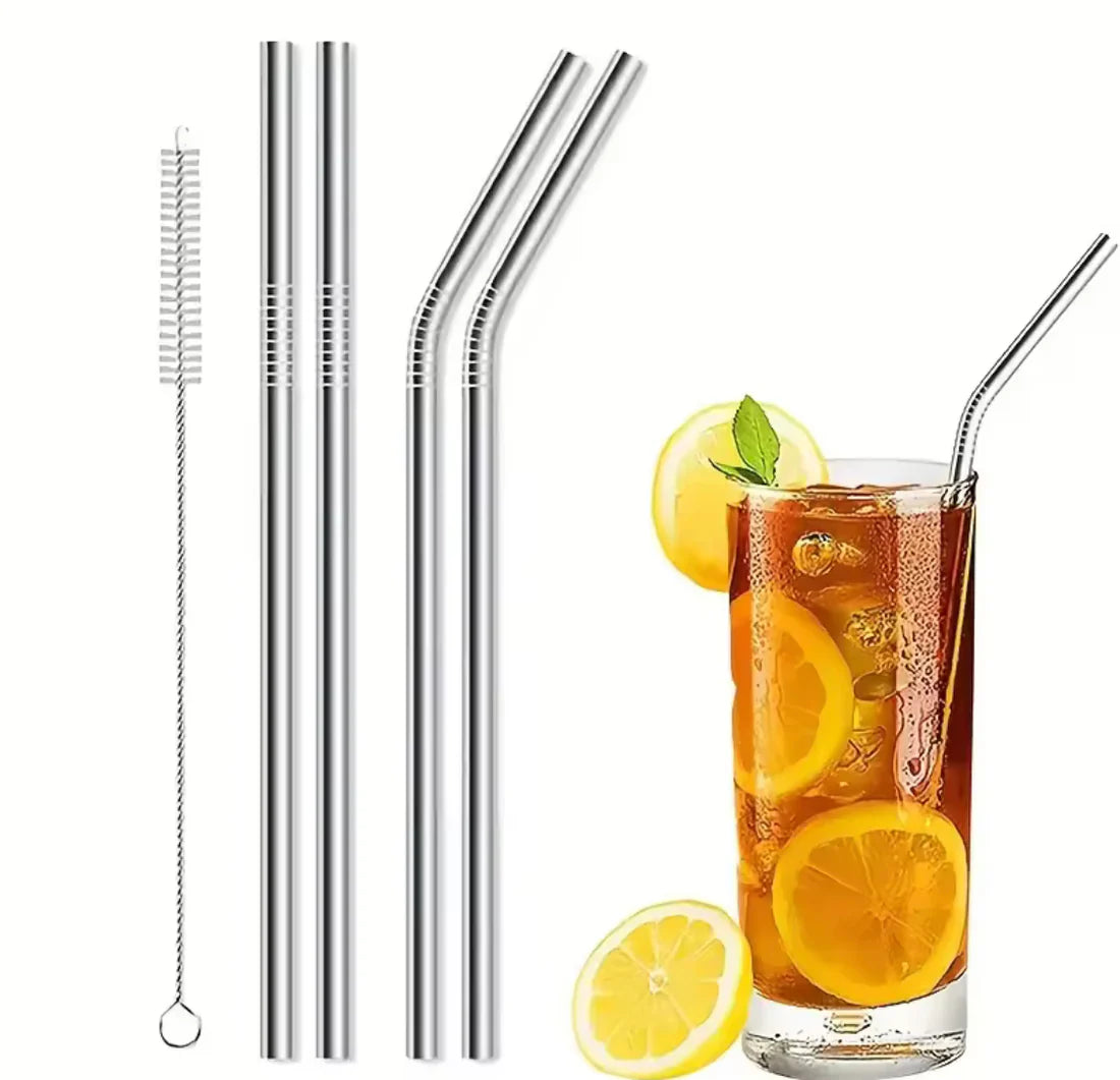 Stainless Steel Straws (4-Piece Set) with Cleaning Brush – Reusable & Eco-Friendly