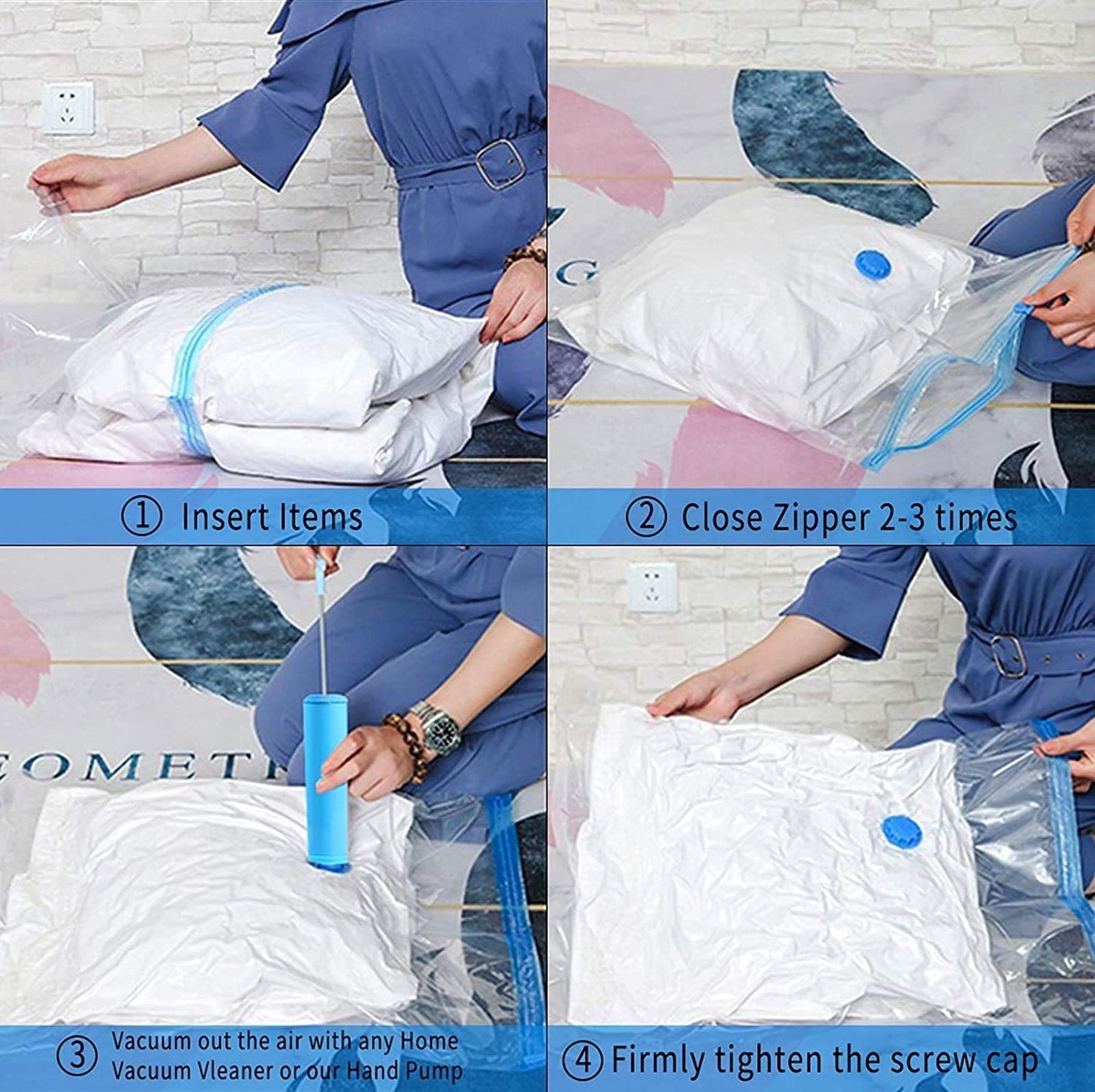 Premium Space Saver Vacuum Storage Bags (Set of 5) with Hand Pump, Double Zip Seal for Clothes, Bedding and Comforters