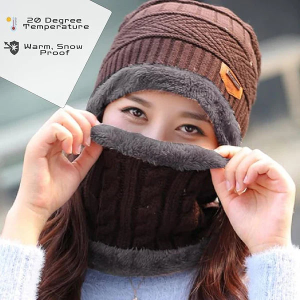 Winter Beanie Cap with Matching Muffler – Unisex Warm Knitted Set