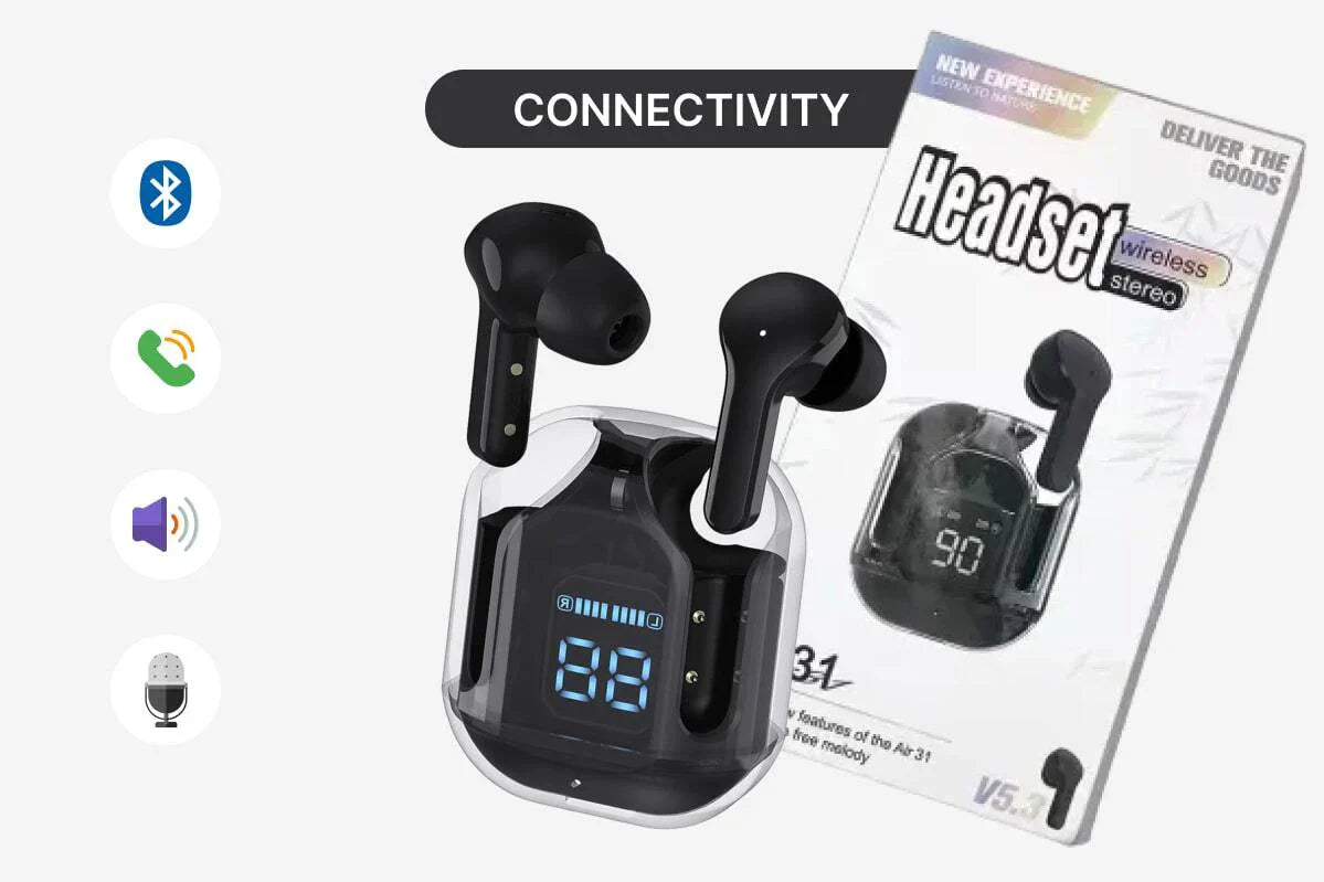 Air 31 Wireless Transparent Earbuds – Bluetooth 5.3, Touch Control, HD Sound