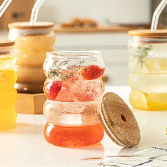 Bubble Glass Tumbler with Wooden Lid and Straw – Iced Coffee & Drinking Cup
