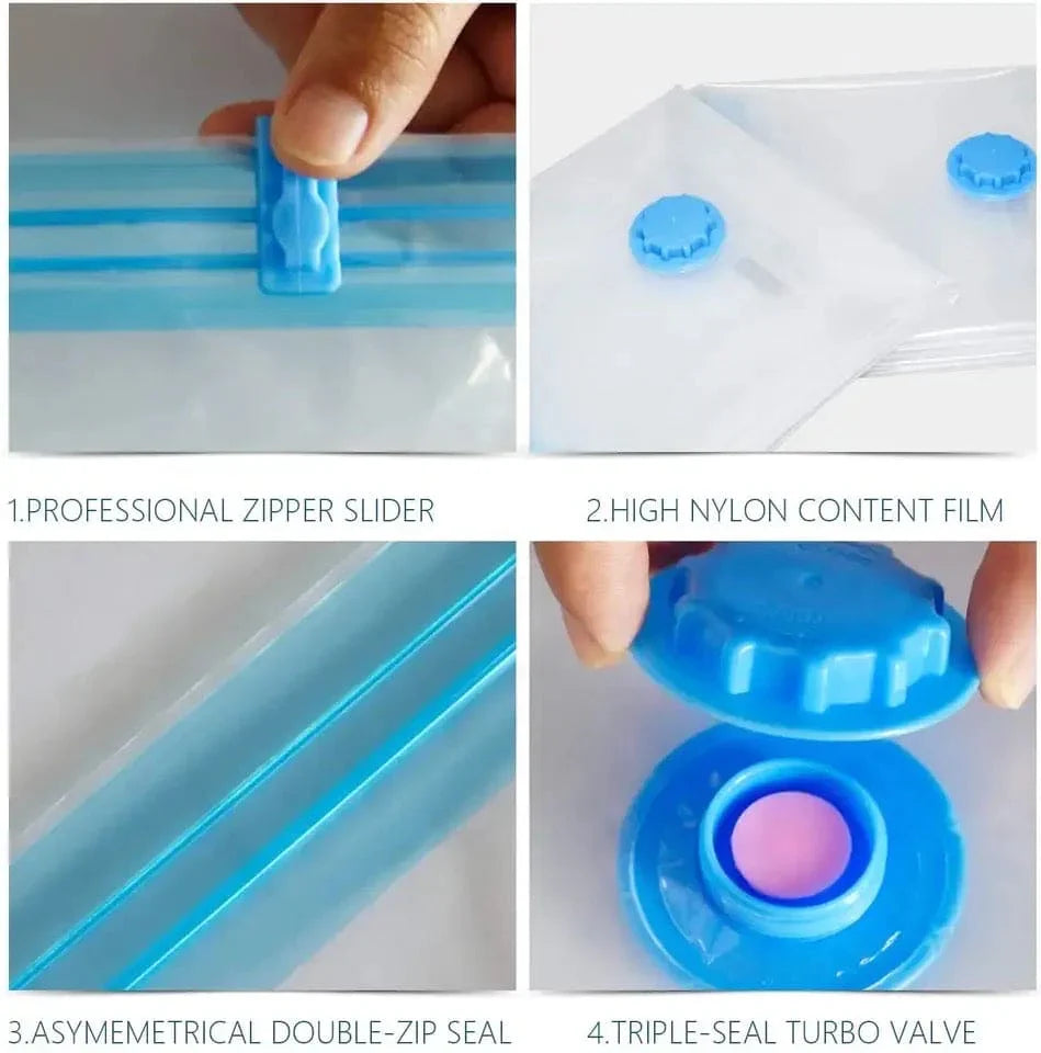 Premium Space Saver Vacuum Storage Bags (Set of 5) with Hand Pump, Double Zip Seal for Clothes, Bedding and Comforters