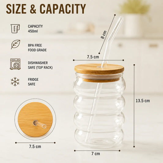 Bubble Glass Tumbler with Wooden Lid and Straw – Iced Coffee & Drinking Cup