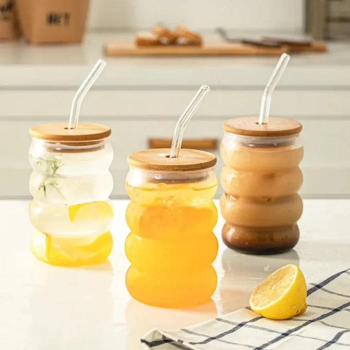 Bubble Glass Tumbler with Wooden Lid and Straw – Iced Coffee & Drinking Cup