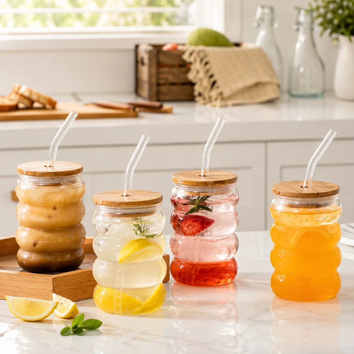 Bubble Glass Tumbler with Wooden Lid and Straw – Iced Coffee & Drinking Cup