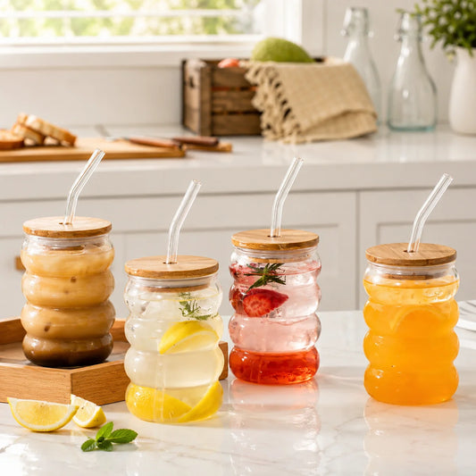 Bubble Glass Tumbler with Wooden Lid and Straw – Iced Coffee & Drinking Cup