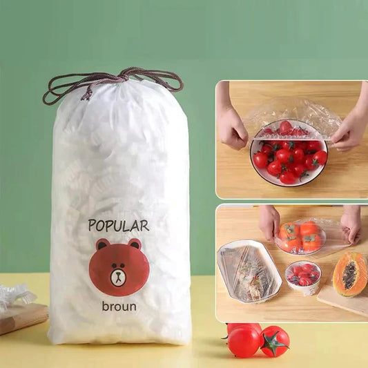 Pack of 100 - Disposable Plastic Food Covers Stretchable Elastic Wraps