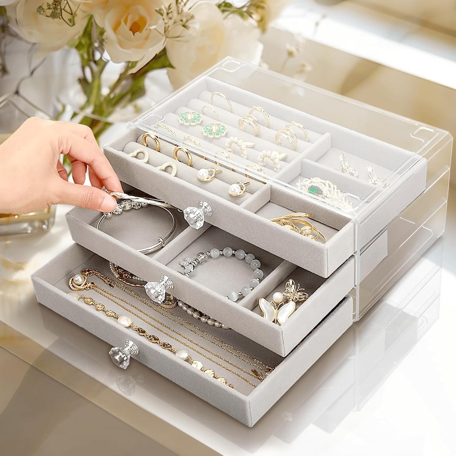 Premium acrylic jewellery box with 3 drawers front view
