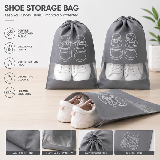 Premium Travel Shoe Pouch Grey Non Woven Fabric, Dustproof Drawstring Shoe Organizer with Visual Window
