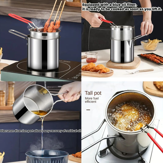 Stainless Steel 1.2L Deep Fryer Pot with Strainer & Heatproof Handle
