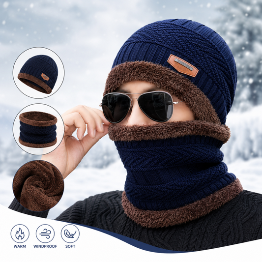 Winter Beanie Cap with Matching Muffler – Unisex Warm Knitted Set