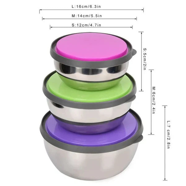 Premium Quality 3Pcs Stainless Steel Bowl Set with Lids – Airtight Food Storage Containers for Kitchen
