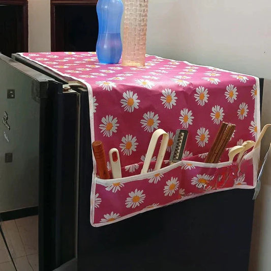 Local - Oil Proof Fridge Top Cover with 6 Organizer Pockets (Random Prints)