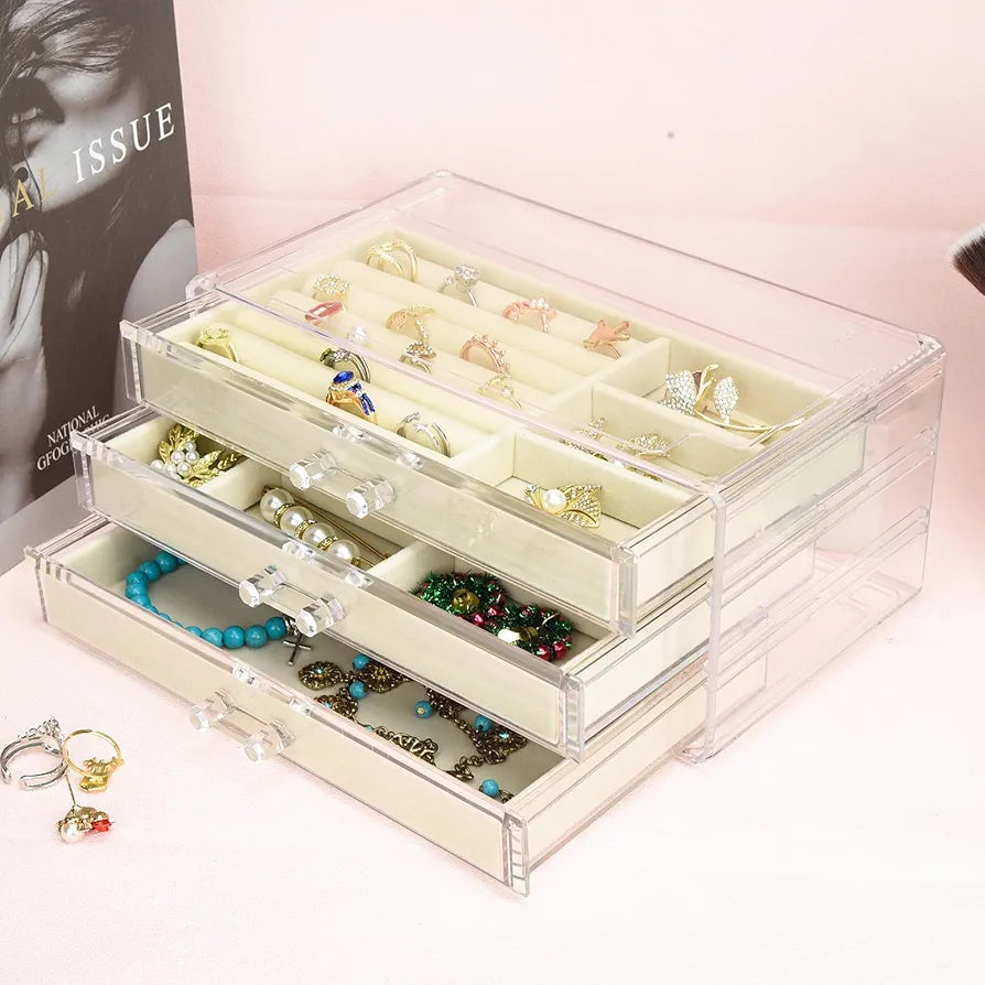 Acrylic Jewellery Box with 3 Drawers – Velvet-Lined Organizer for Rings, Earrings & Accessories