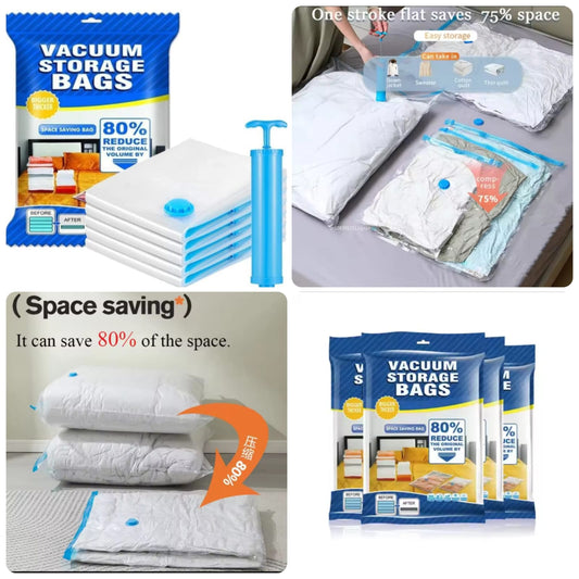 Premium Space Saver Vacuum Storage Bags (Set of 5) with Hand Pump, Double Zip Seal for Clothes, Bedding and Comforters