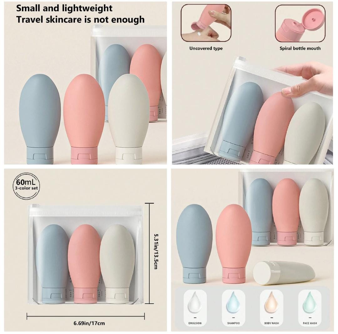 Premium 3pcs Travel-Sized Refillable Cosmetic Bottles Set – 60ml Mini Containers for Travel and Daily Use