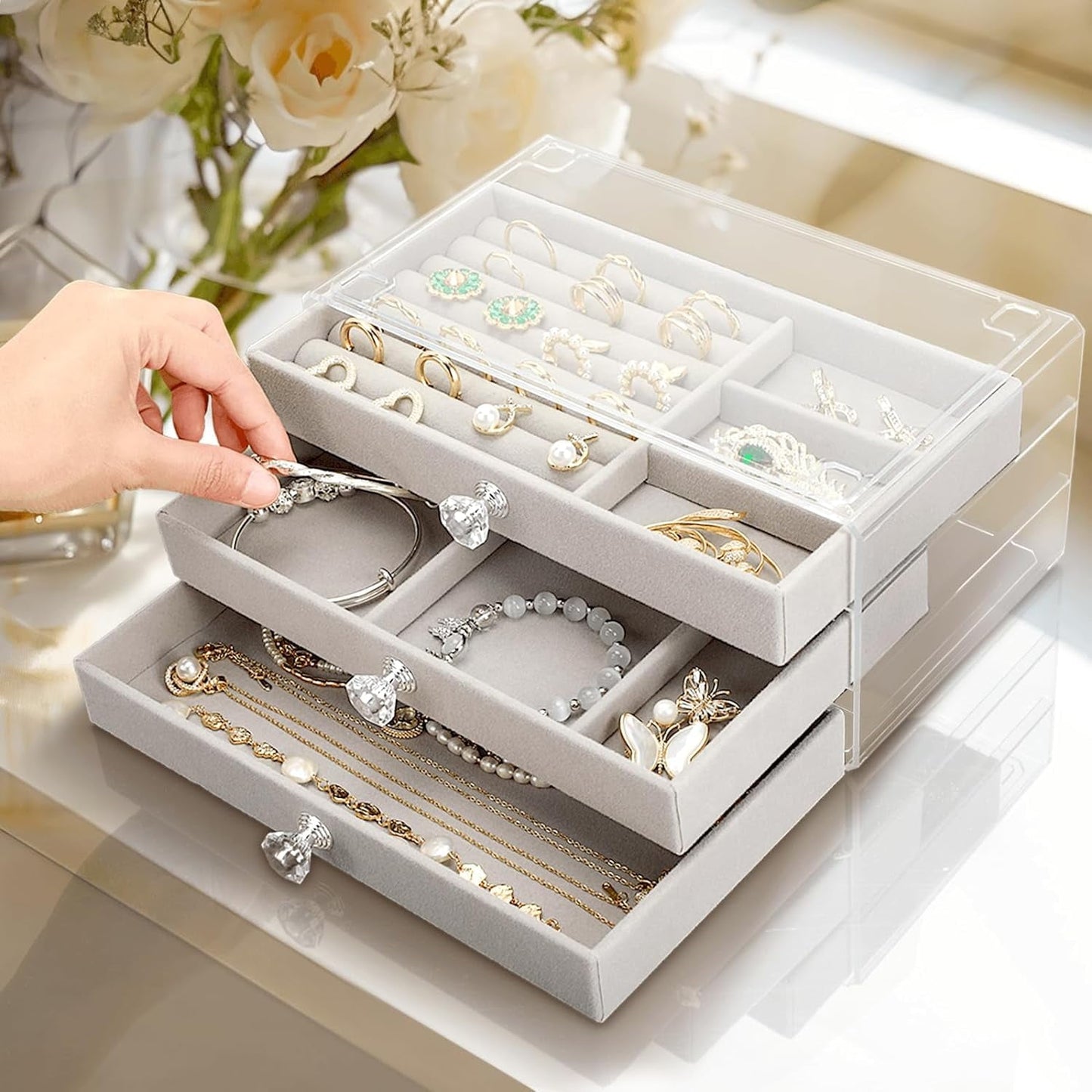 Acrylic Jewellery Box with 3 Drawers – Velvet-Lined Organizer for Rings, Earrings & Accessories